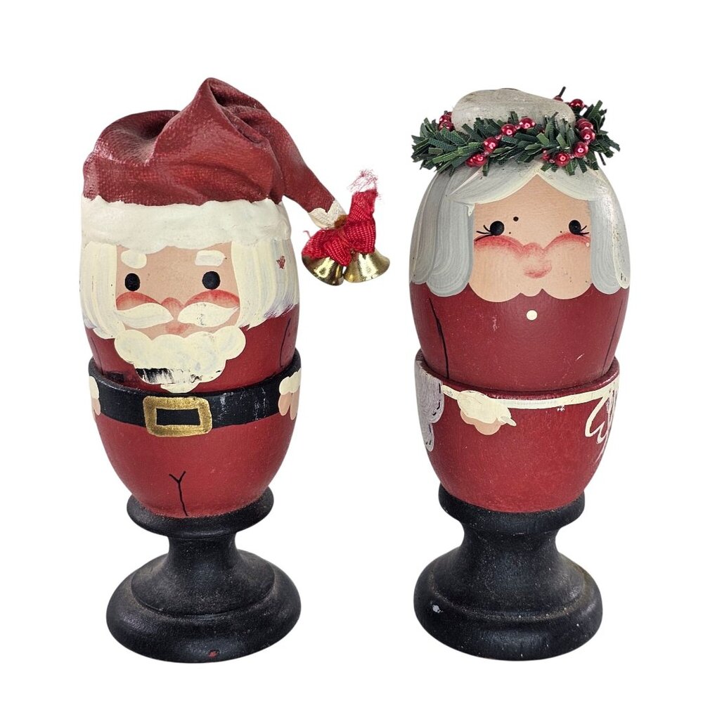 Santa Mrs. Claus Wooden Hand-Painted Decorative Egg Figures On Stands Christmas